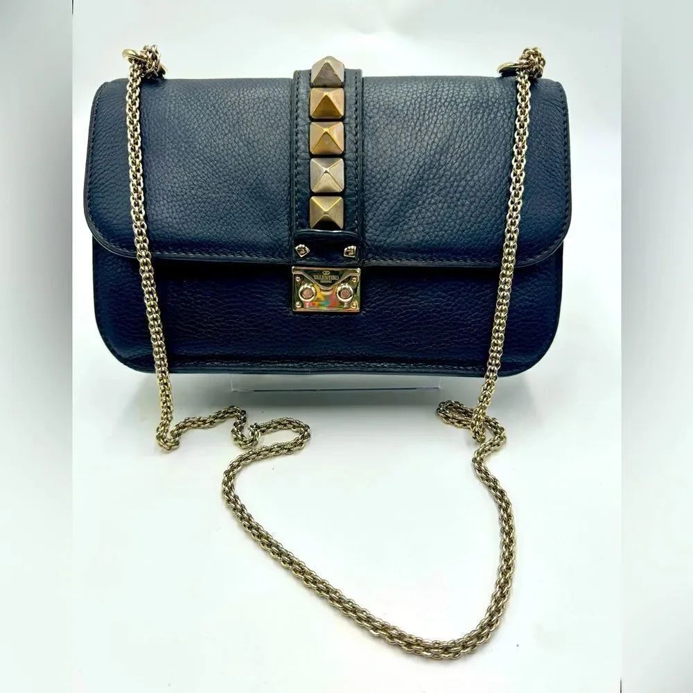 Auth Valentino Garavani Black Leather Rockstud Chainlink Glam Lock Shoulder Bag